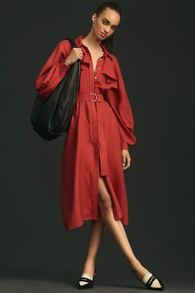 Shop Acler Admiral Belted Buttondown Midi Dress In Red