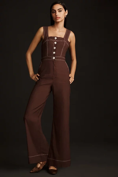 Shop Maeve The Portside Button-front Jumpsuit By  In Brown
