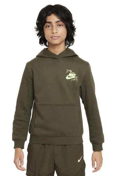 Shop Nike Kids' Sportswear Club Fleece Hoodie In Cargo Khaki/ Lime Blast