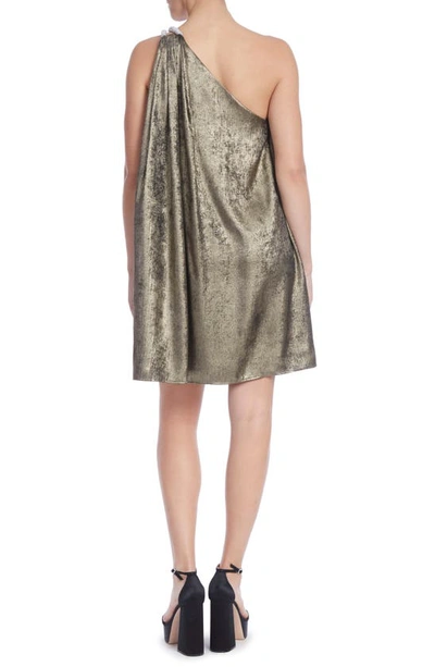 Shop Jewel Badgley Mischka Rhinestone One-shoulder Swing Minidress In Gold Dark Grey