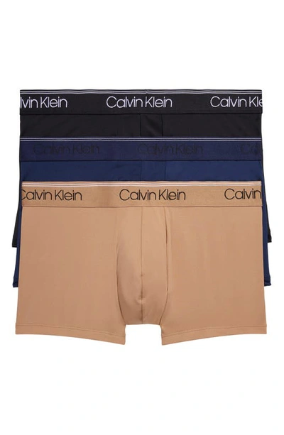 Shop Calvin Klein 3-pack Low Rise Microfiber Stretch Trunks In Beige/ Black/ Blue