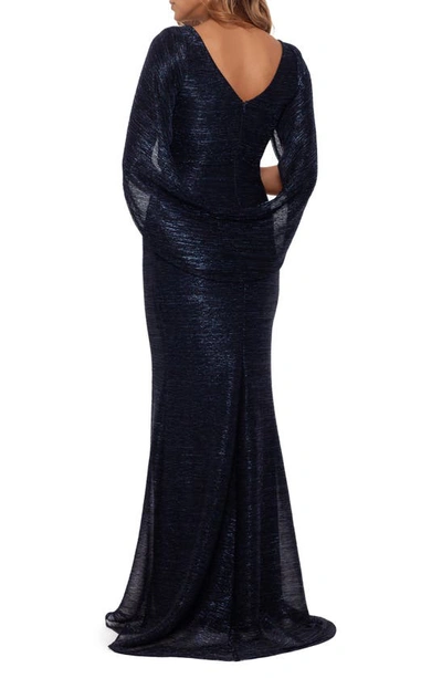 Shop Betsy & Adam Cape Sleeve Metallic Crinkle Gown In Navy/ Royal