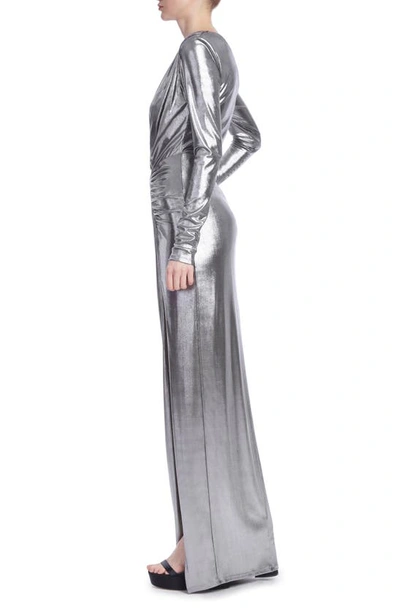 Shop Jewel Badgley Mischka Metallic Long Sleeve Gown In Silver