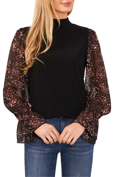 Shop Cece Print Sleeve Mixed Media Knit Top In Rich Black
