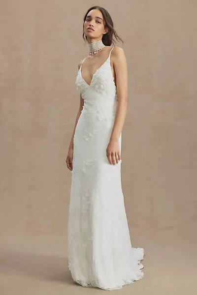 Shop Bhldn Meadow V-neck Floral Appliqué Sheath Wedding Gown In White