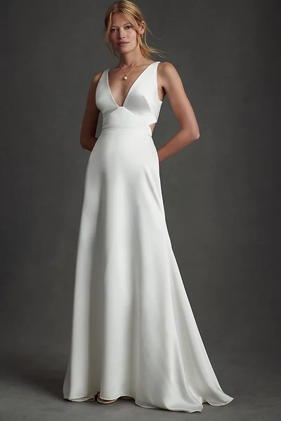 Shop Watters Collins Plunge-neckline Satin Wedding Gown In White