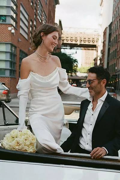 Shop Watters Garance Off-shoulder Satin Sheath Wedding Gown In White