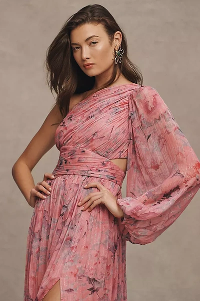 Shop Bhldn Iris One-shoulder Cut-out Printed Chiffon Gown In Pink