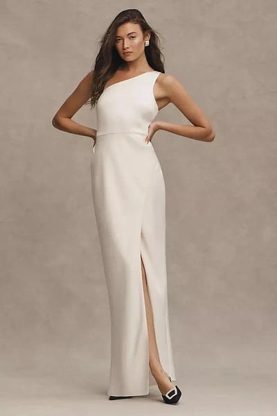 Shop Bhldn Dylan One-shoulder Satin Side-slit Gown In White