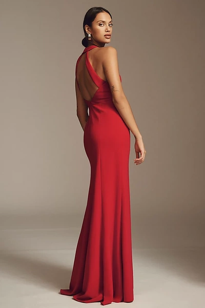 Shop Bhldn Juliana High-neck Side-slit Stretch Crepe Maxi Dress In Red