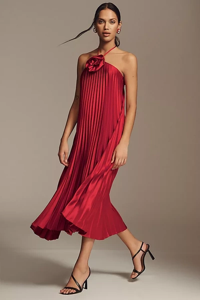 Shop Delfi Collective Gisele Satin Pleated Midi Dress In Red