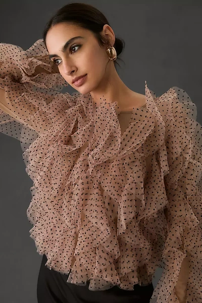 Dolan Left Coast Dolan Mesh Ruffle Blouse In Beige