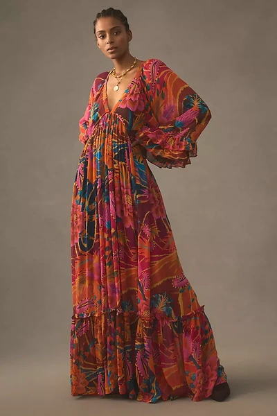 Shop Farm Rio Vintage Wave Long-sleeve Maxi Dress In Multicolor