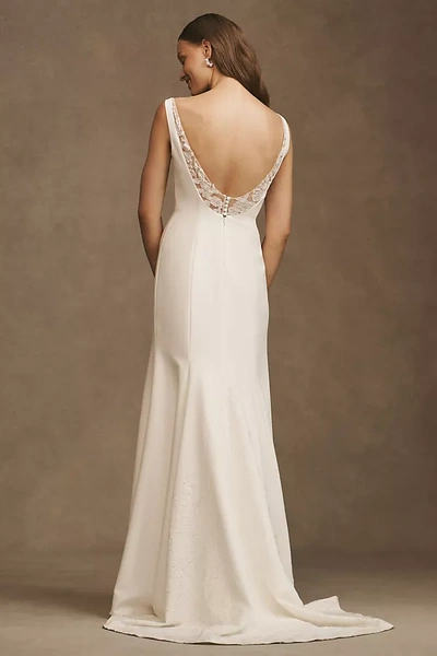 Shop Jenny Yoo Jenny By  Portia Square-neck Fit & Flare Crepe Wedding Gown In White