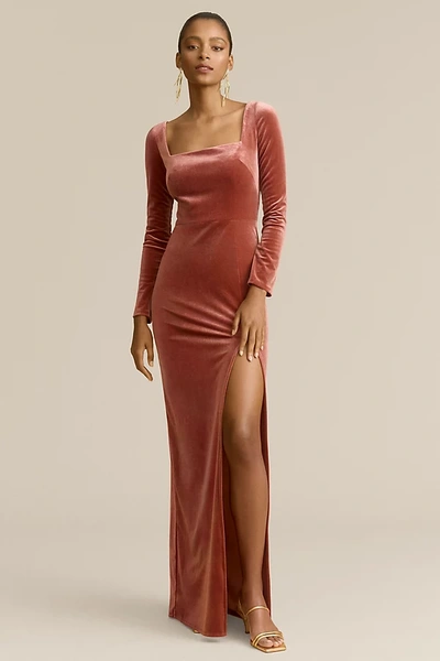 Shop Jenny Yoo Rachel Square-neck Long-sleeve Side-slit Stretch Velvet Gown In Pink