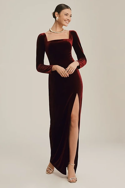 Shop Jenny Yoo Rachel Square-neck Long-sleeve Side-slit Stretch Velvet Gown In Red