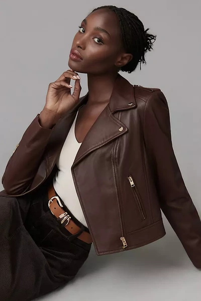 Shop Lamarque Donna Iconic Leather Biker Jacket In Brown