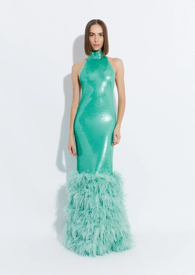 Shop Lapointe Sequin Halter Open Back Gown With Feathers In 10
