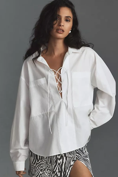 Shop Mother The Roomie Lace-up Shirt Top In White