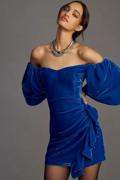 Shop Rhode Adrian Sweetheart Off-the-shoulder Velvet Mini Dress In Blue