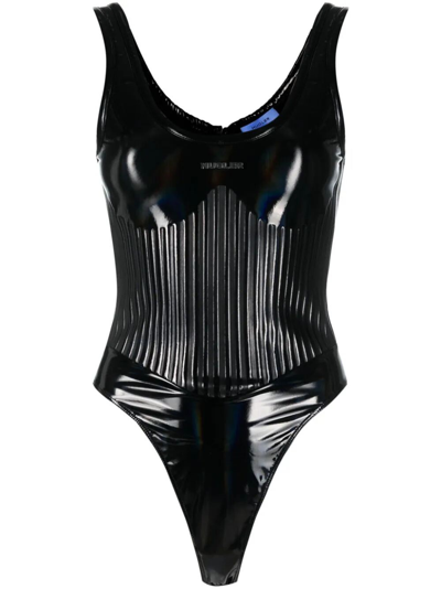 Shop Mugler Shiny Bodysuit With Embossed Logo In Black