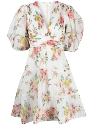 Shop Zimmermann Minidress With Puff Sleeves And Floral Print In Multicolour