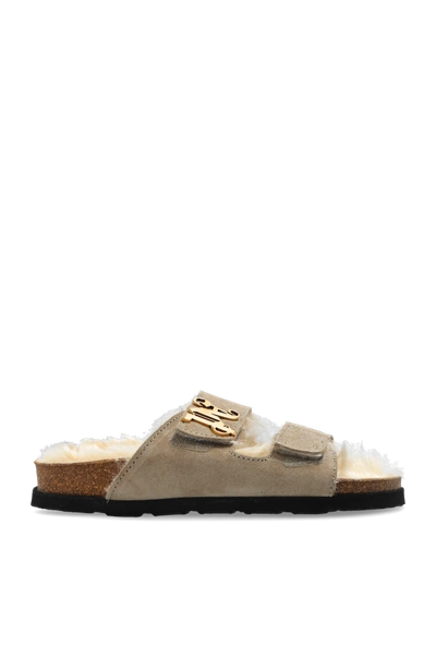 Shop Palm Angels Beige Slides With Logo In New