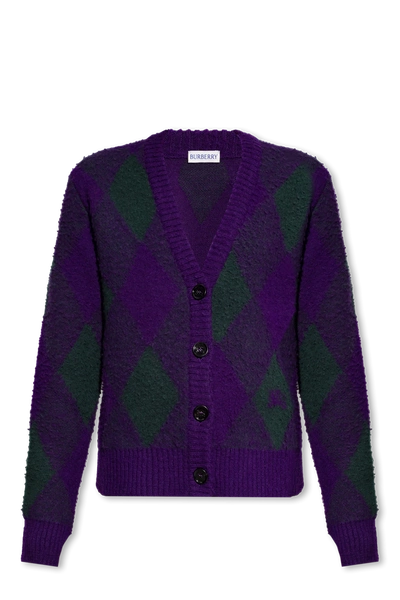 Shop Burberry Purple Cardigan With Argyle Pattern In New