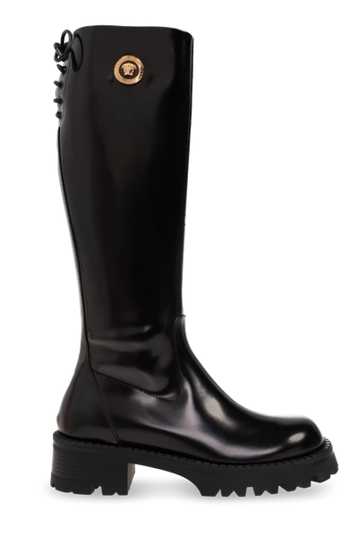 Shop Versace Black Leather Knee-length Boots In New