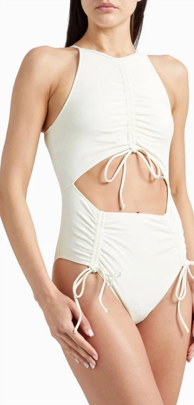 Shop Andrea Iyamah Daho Ruched Cutout Swimsuit In Ivory In Beige