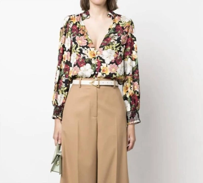 Shop Alice And Olivia Reilly Blouse In Juniper Floral Black In Multi