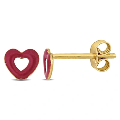 Mimi & Max Heart Enamel Stud Earrings In 14k Yellow Gold In Red