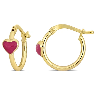 Mimi & Max 15mm Pink Enamel Heart Hoop Earrings In 14k Yellow Gold In Red