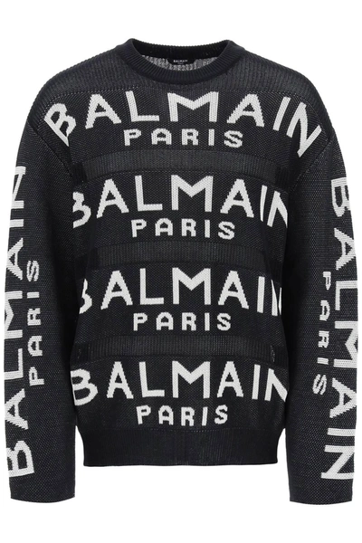 Shop Balmain Cotton Pullover With All Over Logo