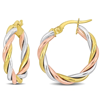 Mimi & Max 21mm Twisted Hoop Earrings In 3-tone Yellow, Rose, And White 10k Gold In Multi