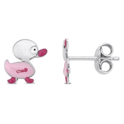 Mimi & Max Pink Enamel Duck Stud Earrings In Sterling Silver In White