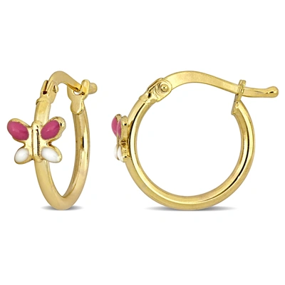 Mimi & Max 15mm Pink And White Enamel Butterfly Hoop Earrings In 14k Yellow Gold In Red