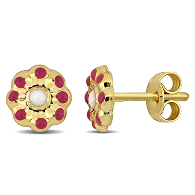 Mimi & Max Pink And White Enamel Flower Stud Earrings In 14k Yellow Gold In Red