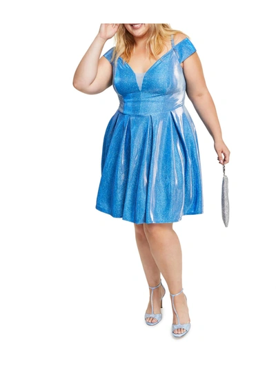 Shop B Darlin Plus Womens Glitter Mesh Inset Fit & Flare Dress In Blue