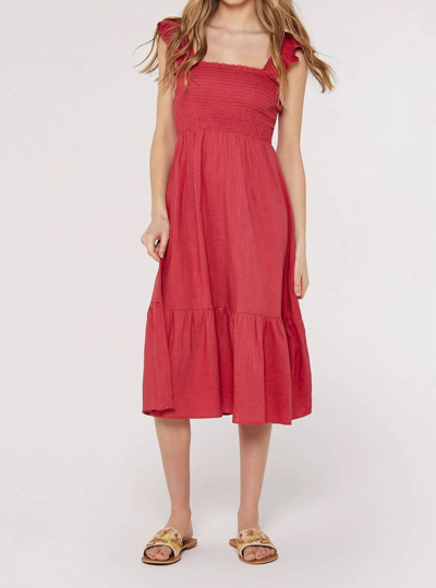Shop Apricot Linen Smock Midi Dress In Red/pink