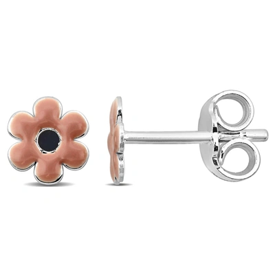 Shop Mimi & Max Pink Enamel Flower Stud Earrings In Sterling Silver In Red