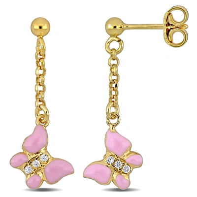 Shop Mimi & Max Cubic Zirconia Pink Enamel Butterfly Drop Earrings In Yellow Plated Sterling Silver