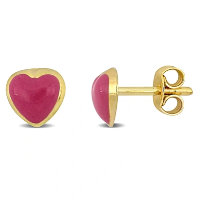 Shop Mimi & Max Pink Enamel Heart Stud Earrings In 14k Yellow Gold In Red