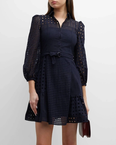 Shop Akris Punto Eyelet Embroidery Patchwork Collar Fit-flare 3/4 Sleeve Dress In Navy In Multi