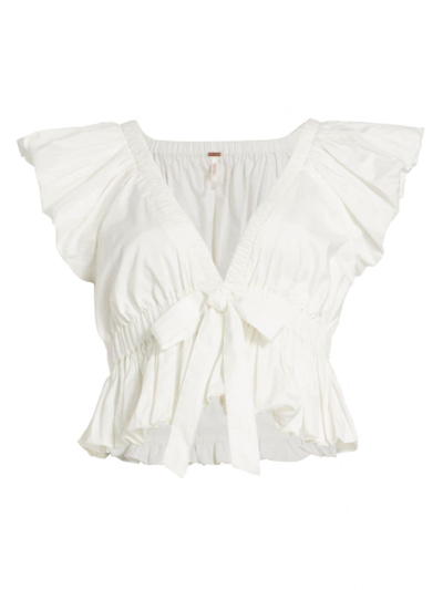 Shop Free People Women's Bring The Bubble Ruffle Cotton Tie-waist Blouse In Ivory