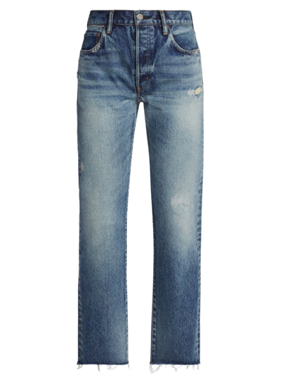 Shop Moussy Vintage Women's Sundown High-rise Distressed Straight-leg Jeans In Blue
