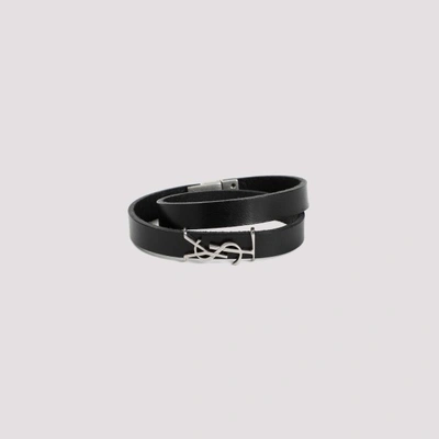 Shop Saint Laurent Leather Ysl Bracelet In Nero