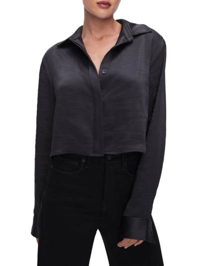 Shop Good American Women's Long Sleeve Crop Satin Shirt In Black