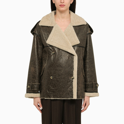 Shop The Mannei Brown Wide Leather Jacket