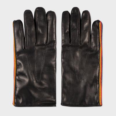 Shop Paul Smith Black Leather Gloves With Knitted 'artist Stripe' Trim In Blacks